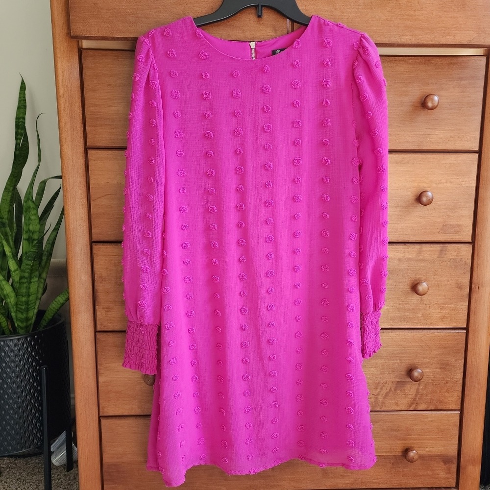 Versona Swiss Dot Shift Dress Womens XS Magenta Pink Smocked Long Sleeve Barbie - Picture 2 of 11